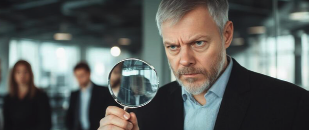 Man using magnifying lens to look at PR visibility problem